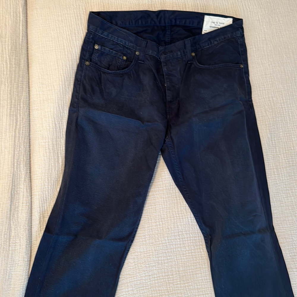 Rag & Bone Standard Issue Fit 2 Slim Leg navy colored jeans.